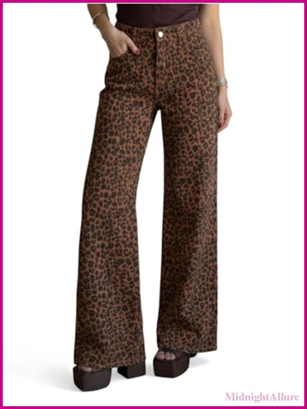 Womens High Waisted Wide Leg Baggy Stretchy Jeans Leopard Print Casual Pants